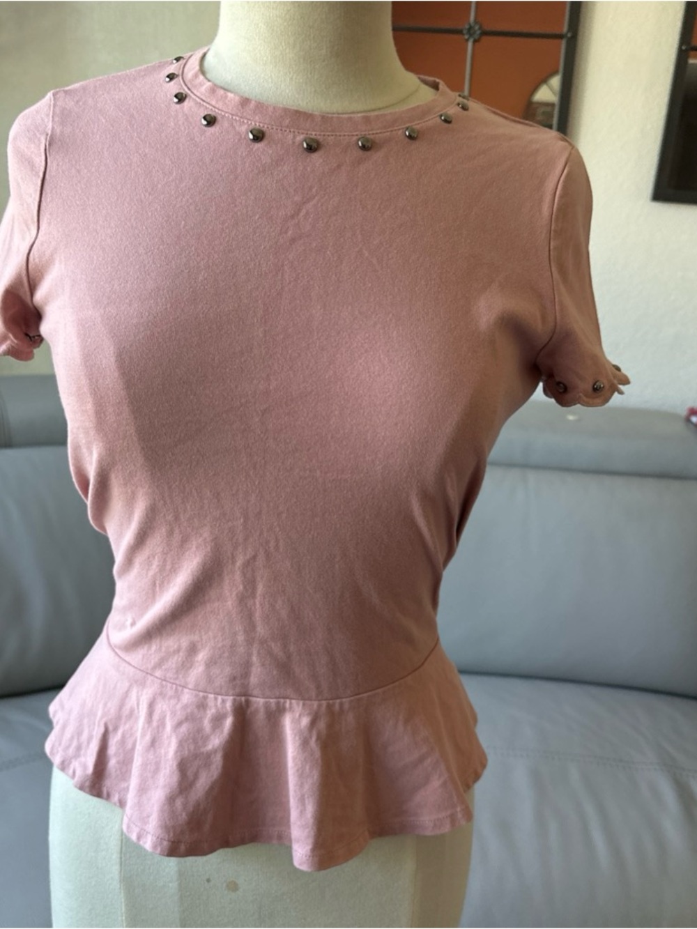 Kate Spade Stud-Trim Peplum Short-Sleeve Top in Dusty Pink size S